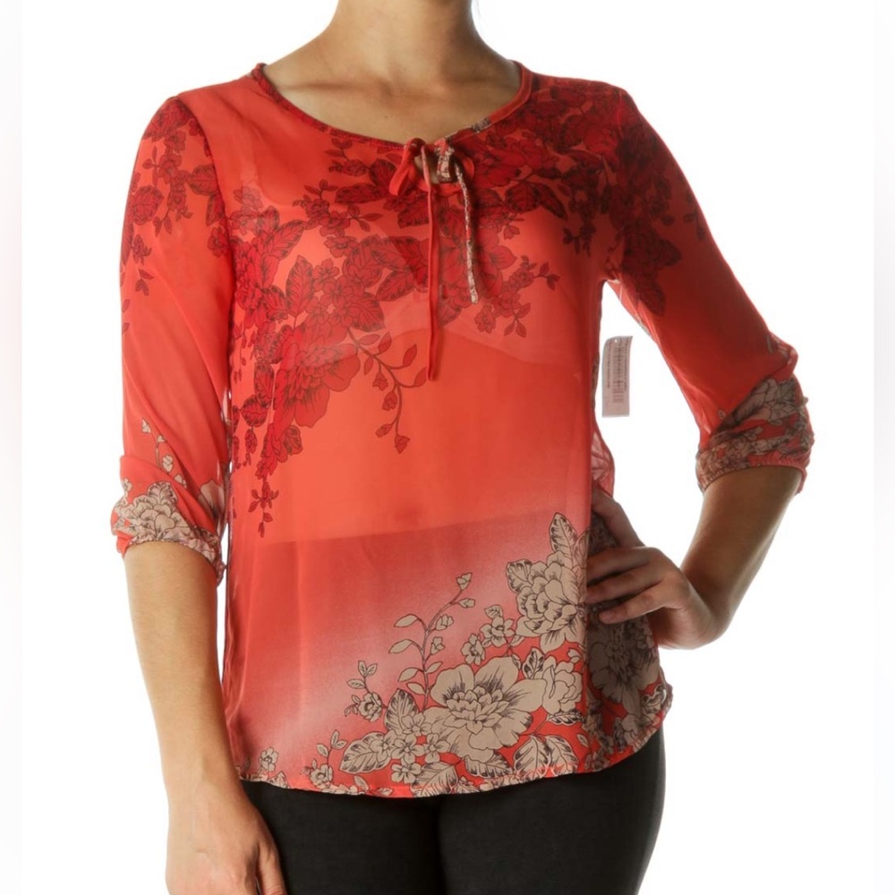 Adiva Women’s Sheer Red-Orange Floral Blouse With Slip - Picture 5 of 5